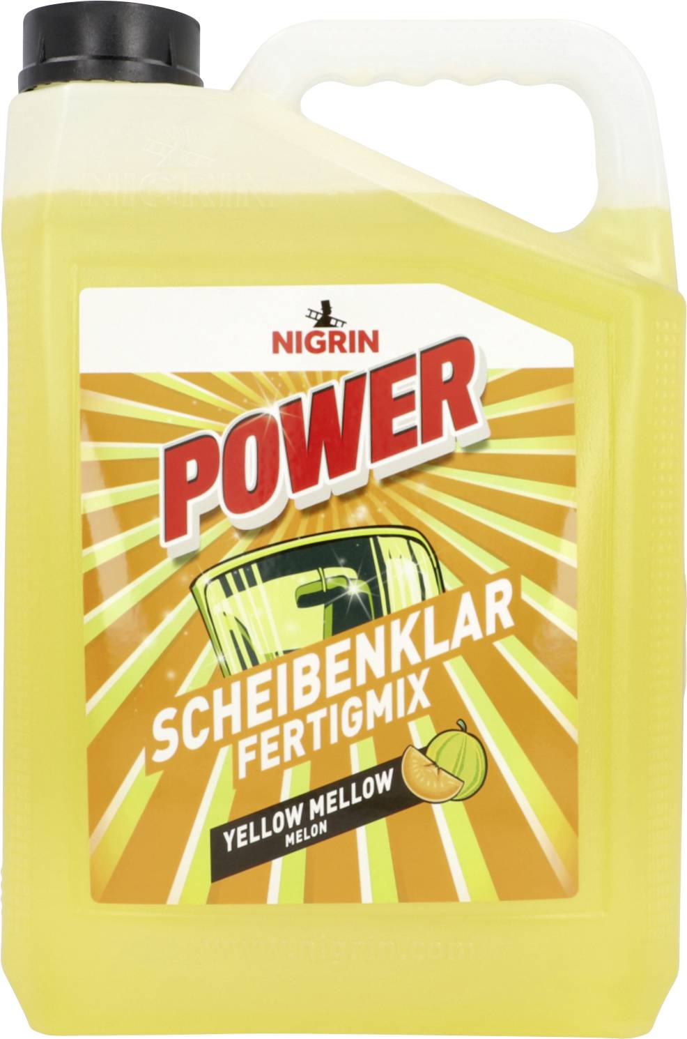 Gelbe NIGRIN Power Scheibenreinigungsflüssigkeit in einer Flasche mit Melonenaroma, gekennzeichnet mit „SCHEIBENKLAR FERTIGMIX" und „YELLOW MELLOW MELON".