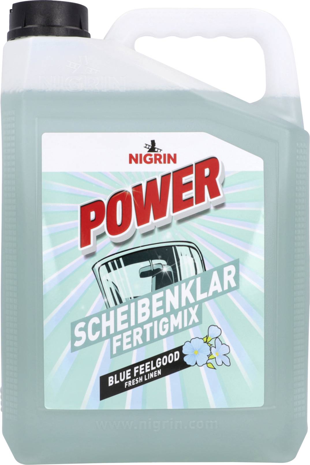 Ein Behälter mit Nigrin Power Scheibenwaschanlagen-Flüssigkeit, beschriftet mit „Scheibenklar Fertigmix" und „Blue Feelgood Fresh Linen".