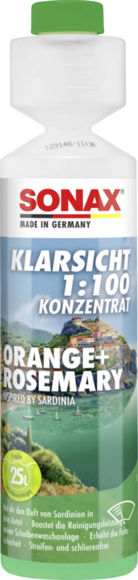SONAX KlarSicht 1:100 Konzentrat Scheibenreinigungsflüssigkeit mit Orange- und Rosmarinduft, gezeigt in einer weißen Flasche mit grüner Kappe.