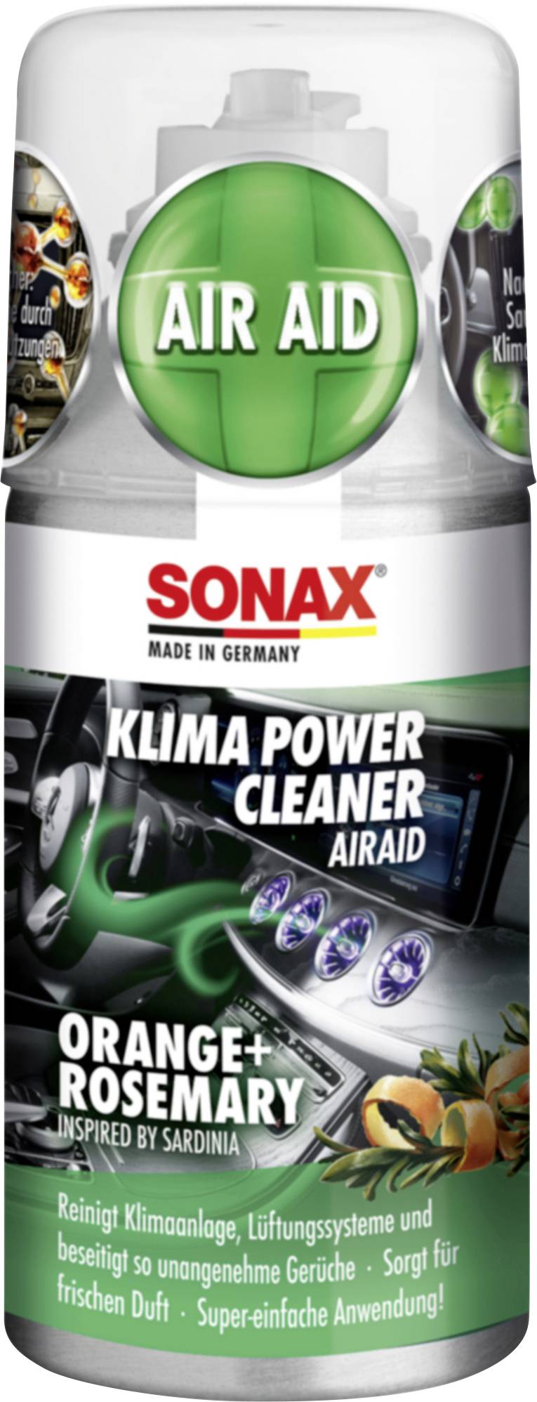 SONAX Klima Power Cleaner AirAid Spraydose mit orange-Rosmarinduft, gekennzeichnet mit „AIR AID" und „Made in Germany" zur Reinigung der Klimaanlage im Auto.