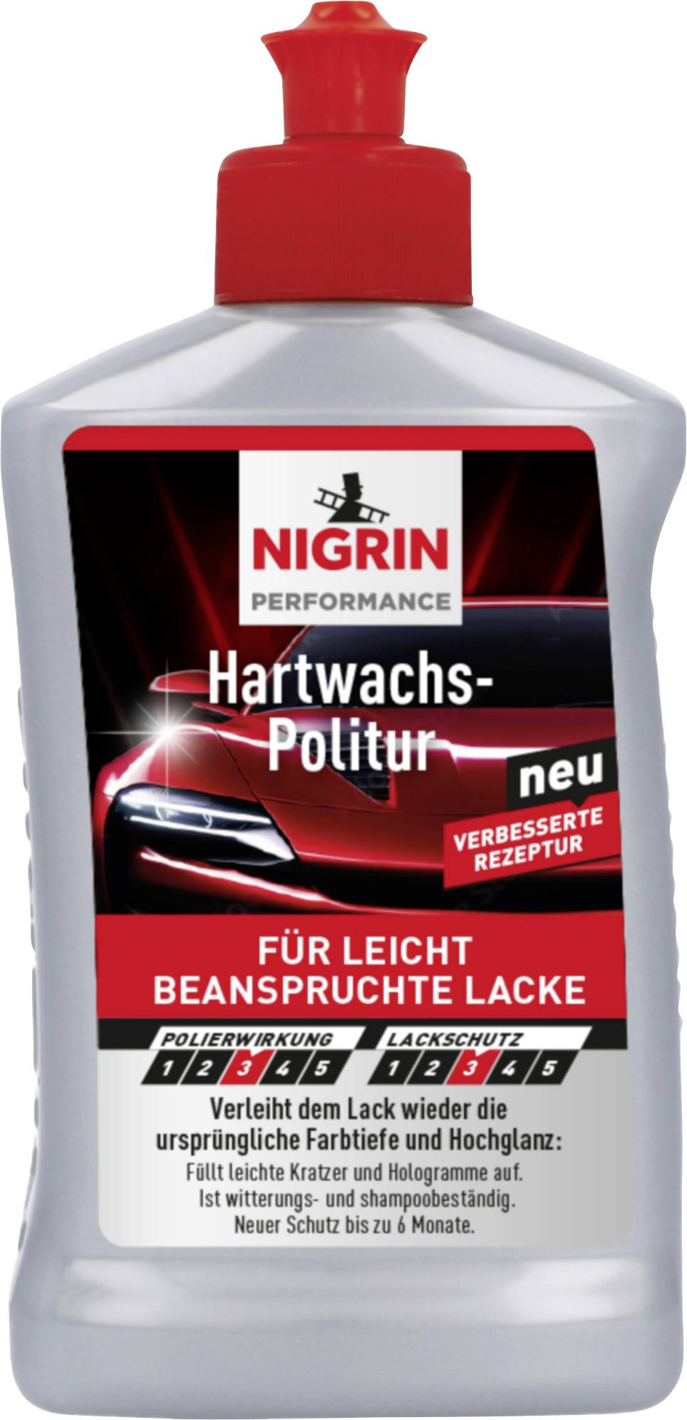 Flasche NIGRIN Performance Hartwachs-Politur, eine Hartewax-Politur für leicht abgenutzte Autolacke, gekennzeichnet mit „neu" und „verbesserte Rezeptur".