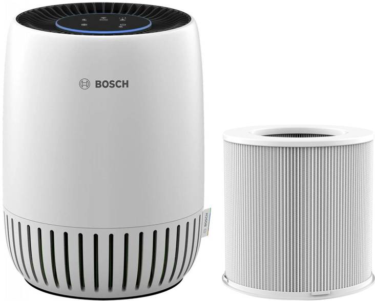 Bosch Luftreiniger mit zylindrischem Hauptgerät und abnehmbarem rundem Filter daneben auf weißem Hintergrund gezeigt.
