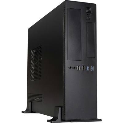 Schwarzes Desktop-Computer-Gehäuse, das im Profil gezeigt wird, mit vorderen USB- und Audioanschlüssen sowie seitlichen Belüftungsöffnungen auf weißem Hintergrund.