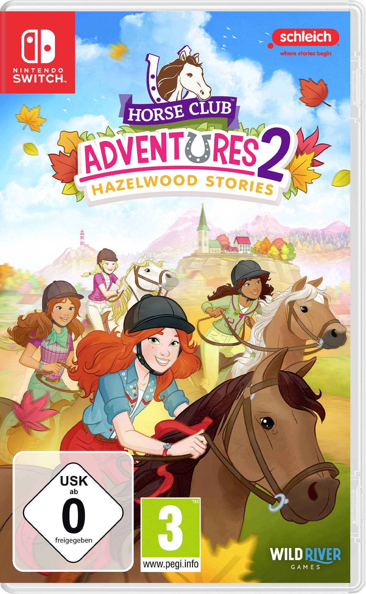 Nintendo Switch Spielcover für Horse Club Adventures 2: Hazelwood Stories, das vier Mädchen zeigt, die Pferde in einer Herbstlandschaft reiten.