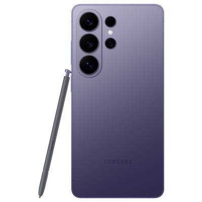 Samsung-Smartphone in Lila mit vier Kameralinsen und einem S Pen, der an der Seite positioniert ist.