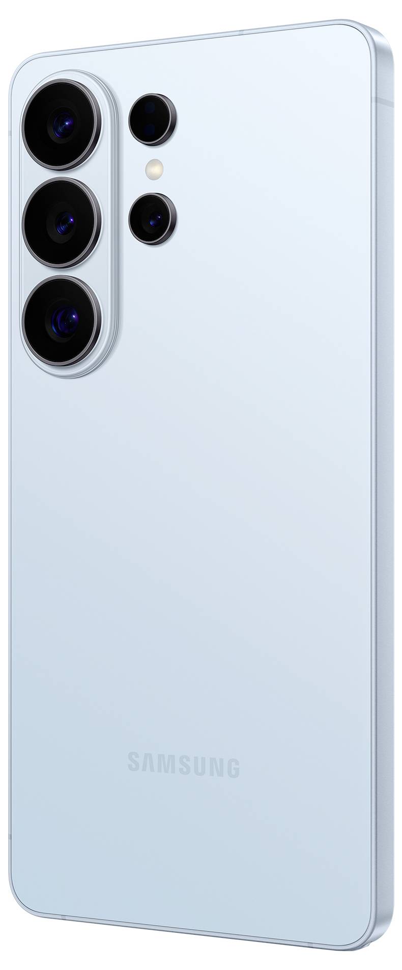 Ein elegantes, hellblaues Smartphone mit einem Dreifach-Kamerasystem und einem zusätzlichen kleinen Sensor auf der Rückseite, mit dem Markenlogo darunter.