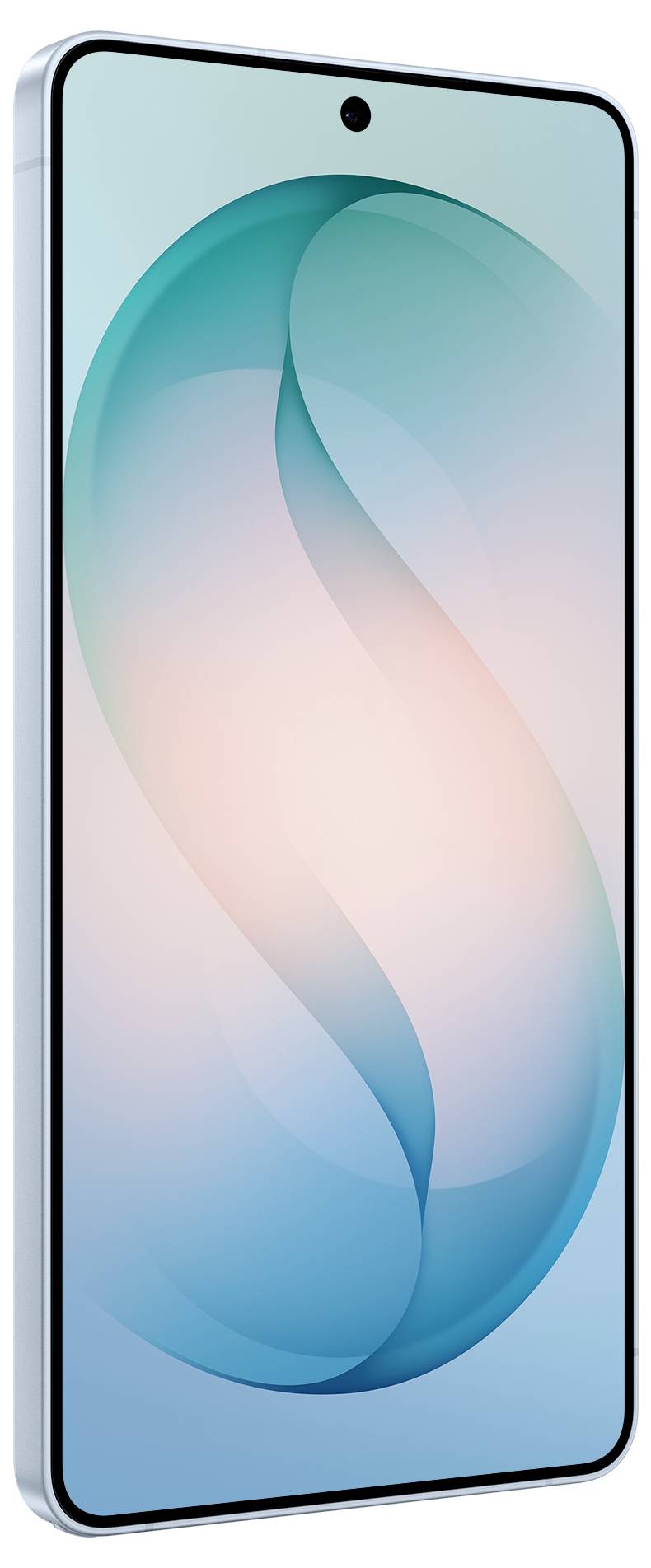 Ein Smartphone mit schlankem Design, das einen dünnen Rahmen und eine zentrierte Frontkamera auf dem Bildschirm aufweist. Das Display zeigt ein abstraktes Design.
