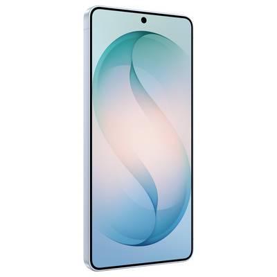 Ein Smartphone mit schlankem Design, das einen dünnen Rahmen und eine zentrierte Frontkamera auf dem Bildschirm aufweist. Das Display zeigt ein abstraktes Design.