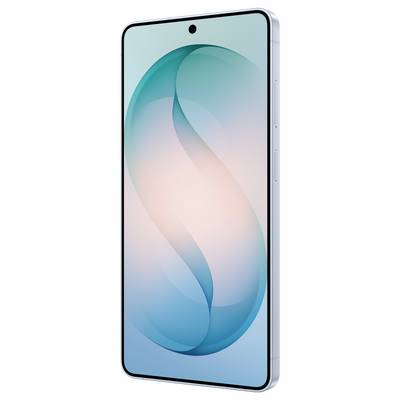 Ein modernes Smartphone mit einem großen, randlosen Display, das ein Farbverlauf-Design in Blau und Pfirsich zeigt, und einer kleinen Frontkamera in der Mitte oben.