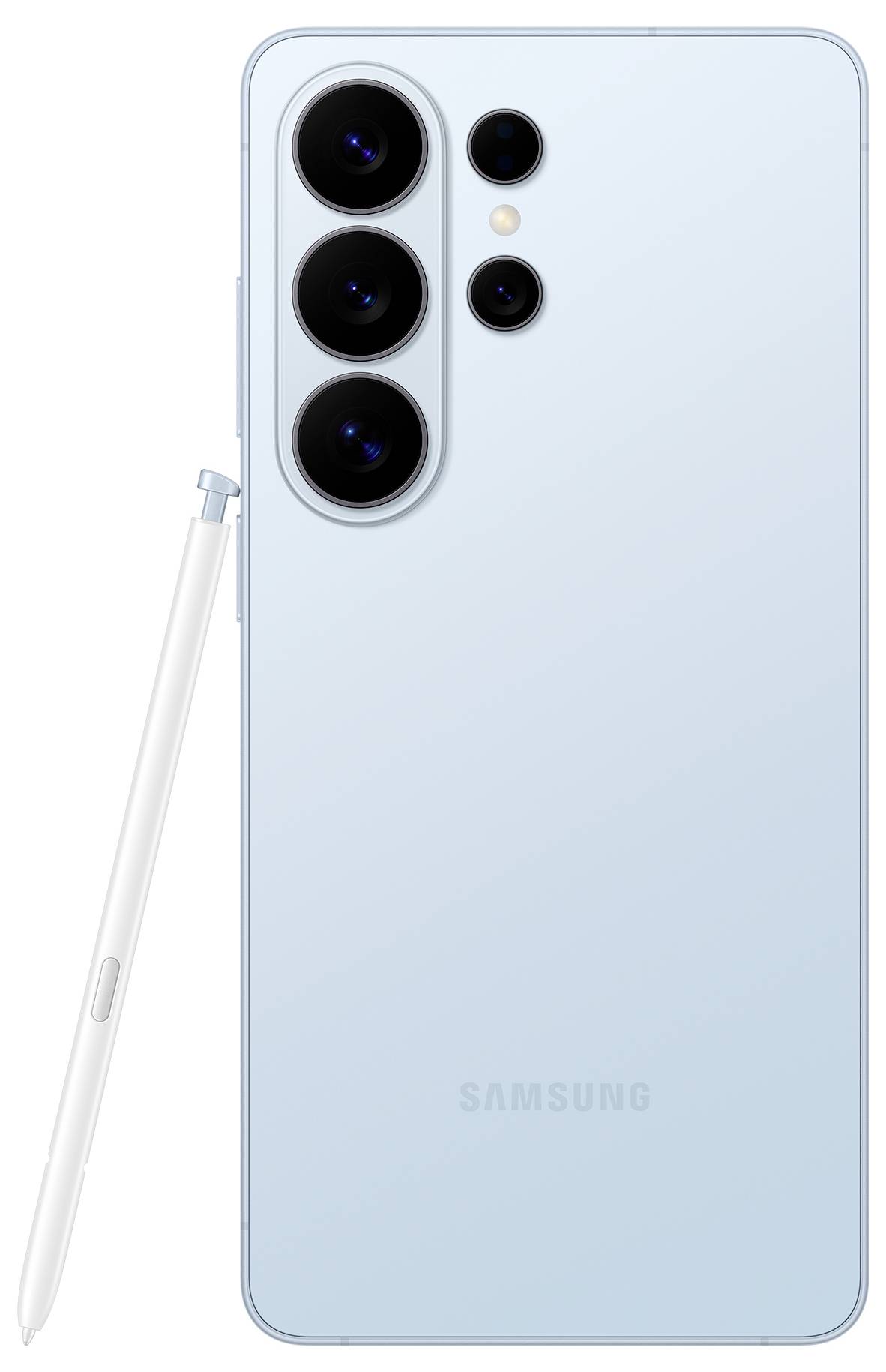 Ein hellblaues Smartphone mit drei rückwärtigen Kameras und LED-Blitz, dargestellt mit einem Stift, der links positioniert ist.