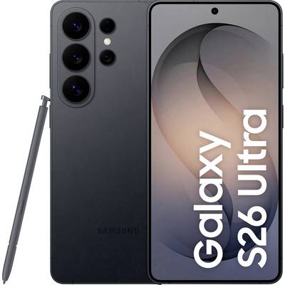 Samsung Galaxy S26 Ultra Smartphone mit Vorder- und Rückseite dargestellt, mit einem Stift, der das Kameraarray und den Bildschirmtext "Galaxy S26 Ultra" hervorhebt.