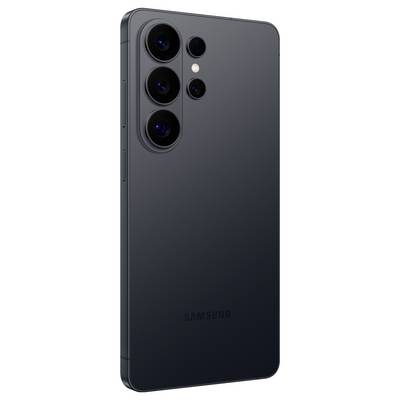 Ein schwarzes Samsung-Smartphone, das die rückseitige Quad-Kamera-Anordnung zeigt und seine fortschrittlichen Fotografie-Funktionen hervorhebt.
