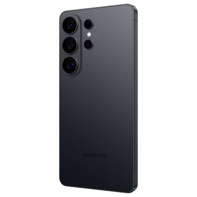 Ein schwarzes Smartphone, das die Rückseite mit drei Kameras und einem Blitz zeigt, mit einem eleganten Design und dem Markenlogo am unteren Ende.