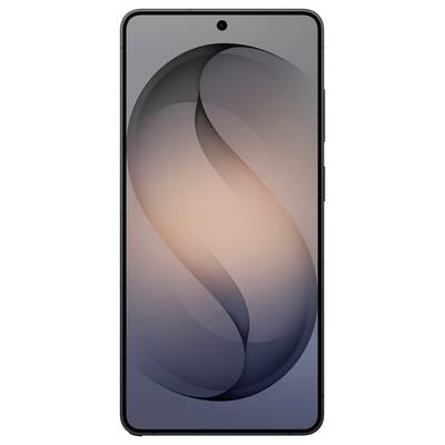 Ein elegantes Smartphone mit einer zentralen Lochkamera auf einem Farbverlauf-Hintergrund-Display, das ein abstraktes "S"-förmiges Design präsentiert.