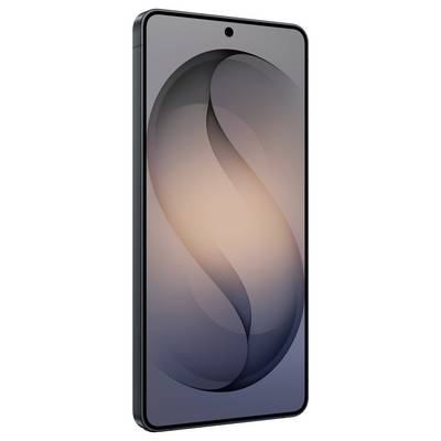 Ein elegantes Smartphone mit großem Bildschirm, auf dem ein abstraktes Design in Grau- und Pfirsichtönen angezeigt wird. Das Gerät hat einen dünnen Rand und eine Frontkamera.