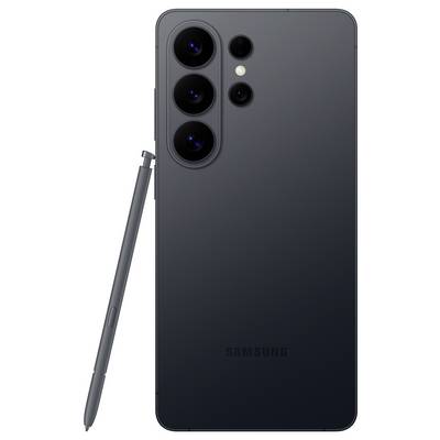 Ein schlankes, dunkelgraues Smartphone mit vier rückwärtigen Kameras und einem beiliegenden Stiftepen, der neben dem Gerät positioniert ist.