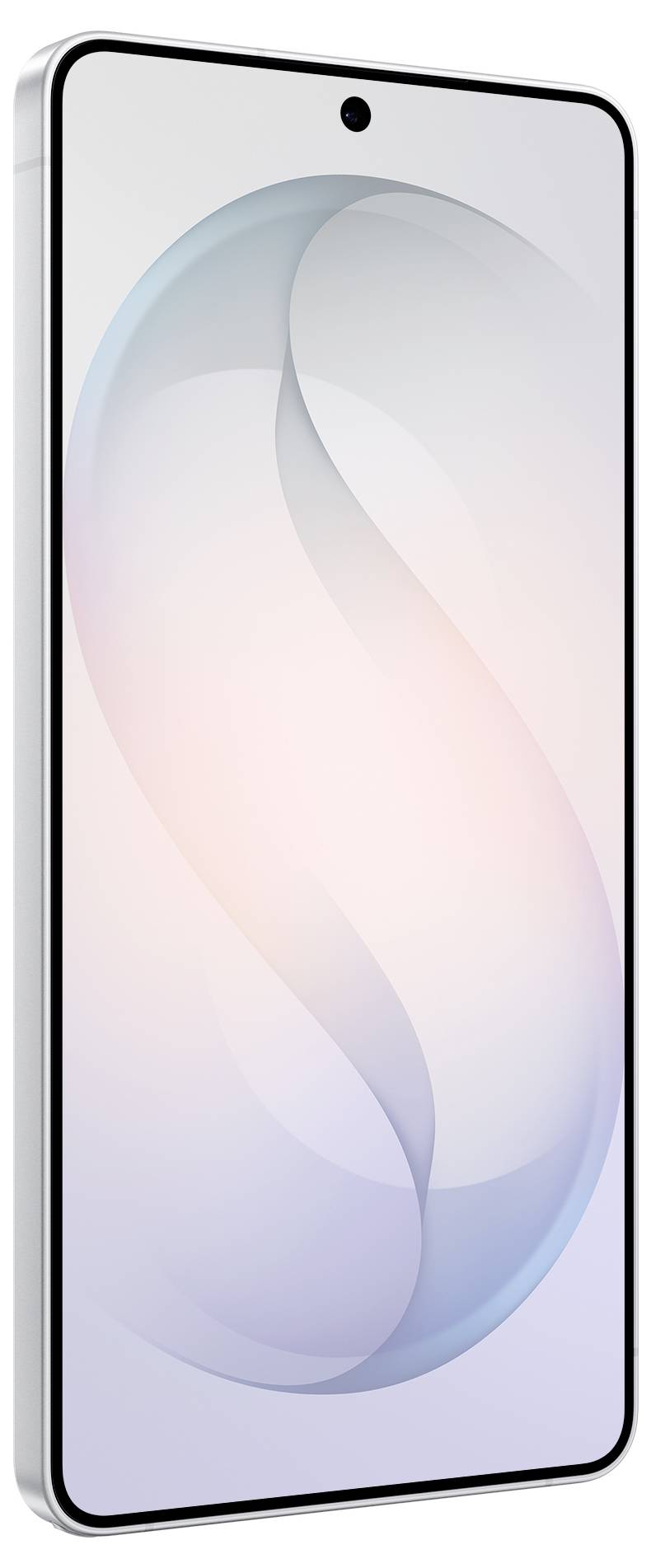 Ein Smartphone mit elegantem Design, das ein großes randloses Display und minimale Rahmen aufweist, vor einem neutralen Hintergrund.