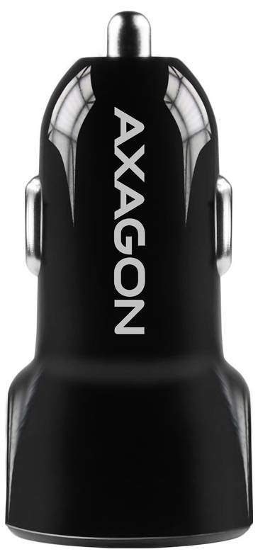 Schwarzes Axagon Autoladegerät mit einem oberen und zwei seitlichen USB-Anschlüssen, vertikales Axagon-Logo auf der Vorderseite