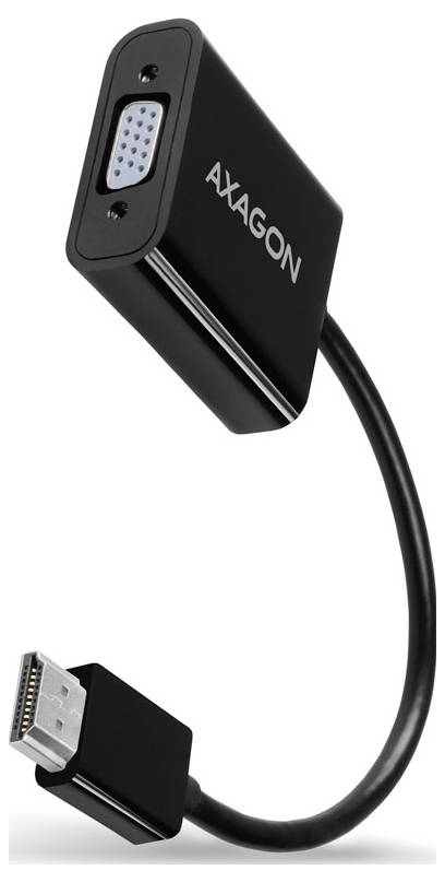 Schwarzes AXAGON-Adapterkabel mit VGA-Buchse an einem Ende und männlichem Stecker am anderen Ende vor weißem Hintergrund.