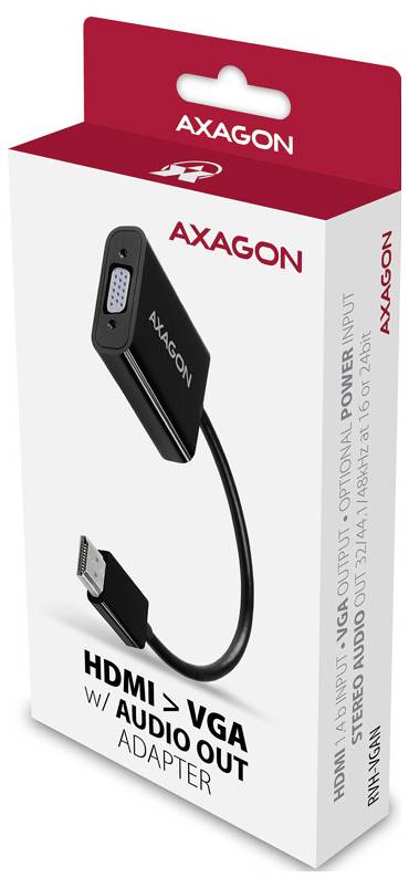 AXAGON HDMI zu VGA-Adapter mit Audioausgang, dargestellt auf der Produktverpackung.