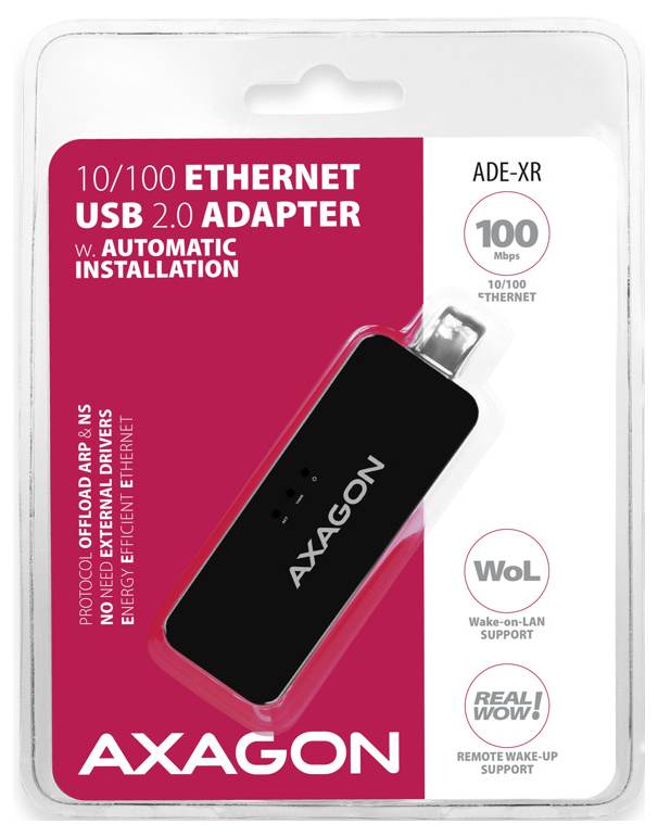 AXAGON 10/100 Ethernet USB 2.0 Adapter-Paket mit 'Automatischer Installation', '100 Mbps' und Wake-on-LAN-Unterstützung.