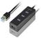 Schwarzer AXAGON USB-Hub mit drei USB-Anschlüssen oben und einem Anschluss vorne, gezeigt mit angeschlossenem USB-Kabel.