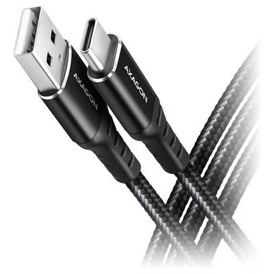 Zwei geflochtene USB-Kabel mit schwarzen AXAGON-Anschlüssen, eines mit USB-A und eines mit USB-C, auf weißem Hintergrund überkreuzend dargestellt.