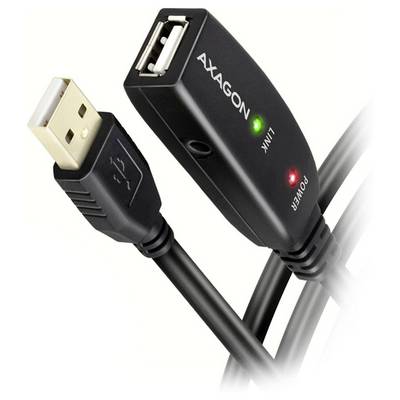 USB-Verlängerungsadapter mit AXAGON-Branding, der grüne „LINK"- und rote „POWER"-Anzeigelichter auf verbundenen USB-Kabeln zeigt.