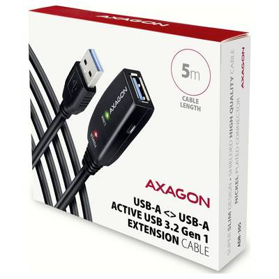 AXAGON USB-A zu USB-A aktives USB 3.2 Gen 1 Verlängerungskabel, 5 m Länge, mit USB-Steckern dargestellt.