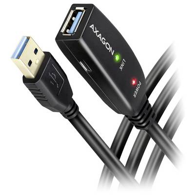 USB 3.0-Verlängerungsadapter mit männlichen und weiblichen Steckverbindern, mit der Bezeichnung „AXAGON", mit grünen „LINK"- und roten „POWER"-Anzeigelichtern.