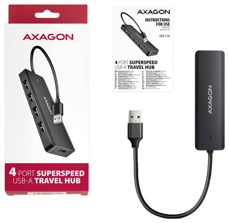 Axagon 4-Port-Superspeed-USB-A-Reise-Hub-Verpackung und Produktbild, das einen schwarzen USB-Hub mit vier Anschlüssen und angeschlossenem Kabel zeigt.