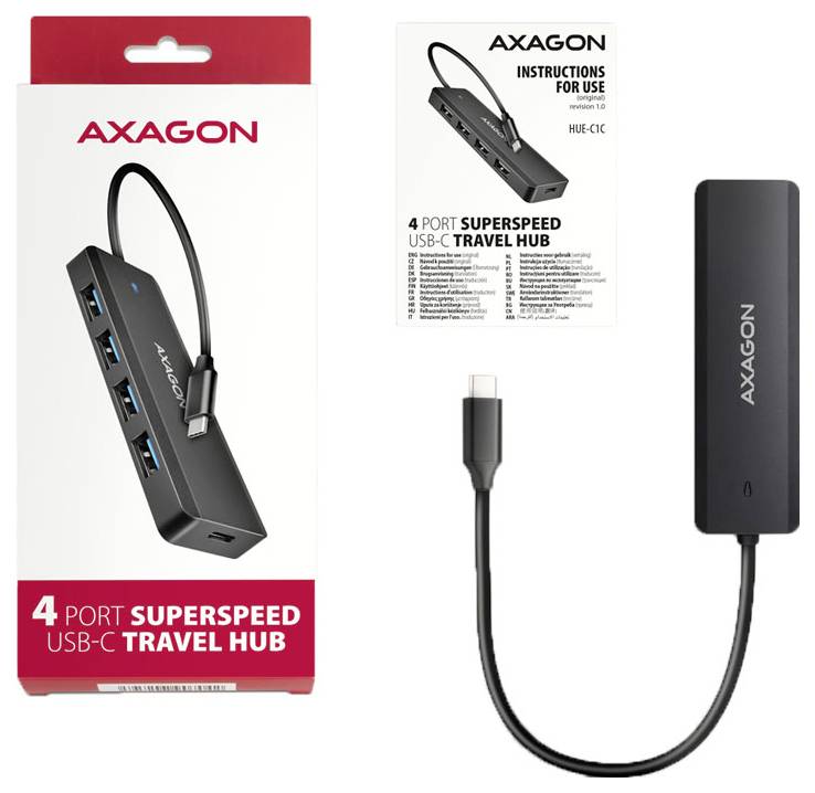AXAGON 4-Port-Superspeed-USB-C-Reisehub mit Verpackung und dem schwarzen Hub mit angebrachtem USB-C-Kabel; Anleitung dargestellt.