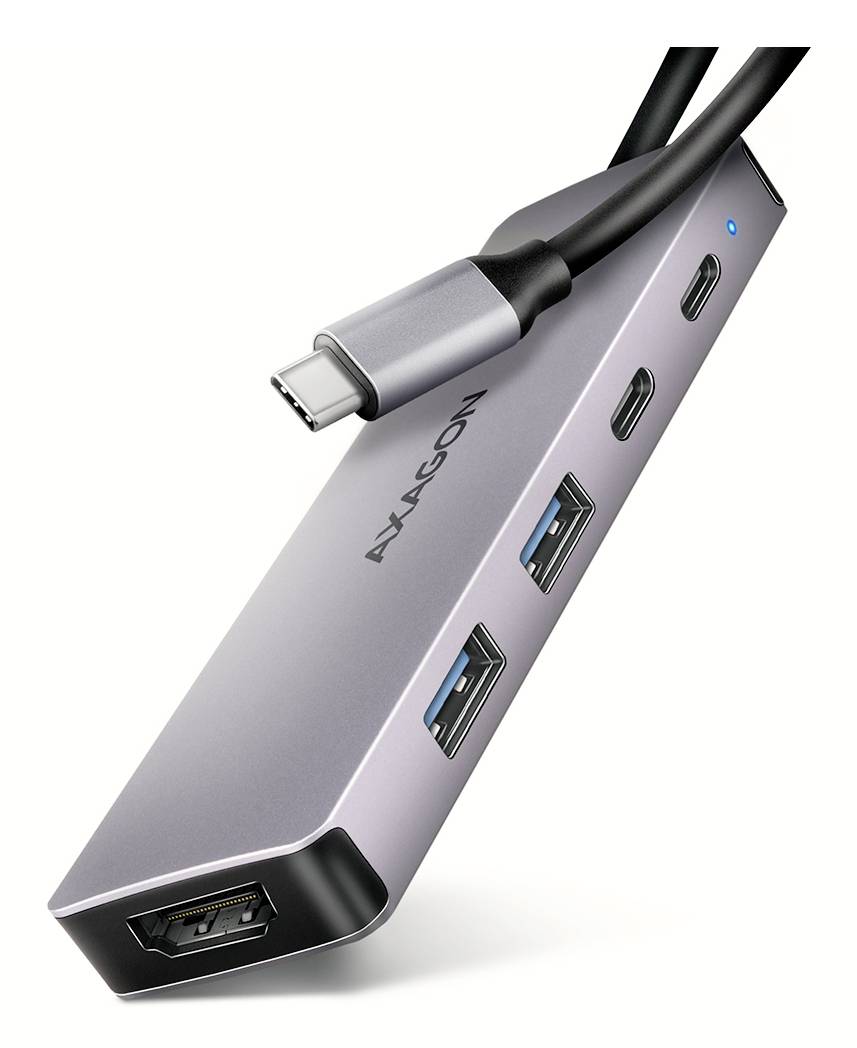 USB-C-Hub mit HDMI, zwei USB-A-Anschlüssen, zwei USB-C-Anschlüssen und blauem Statuslicht, abgebildet mit angeschlossenem USB-C-Kabel auf weißem Hintergrund.