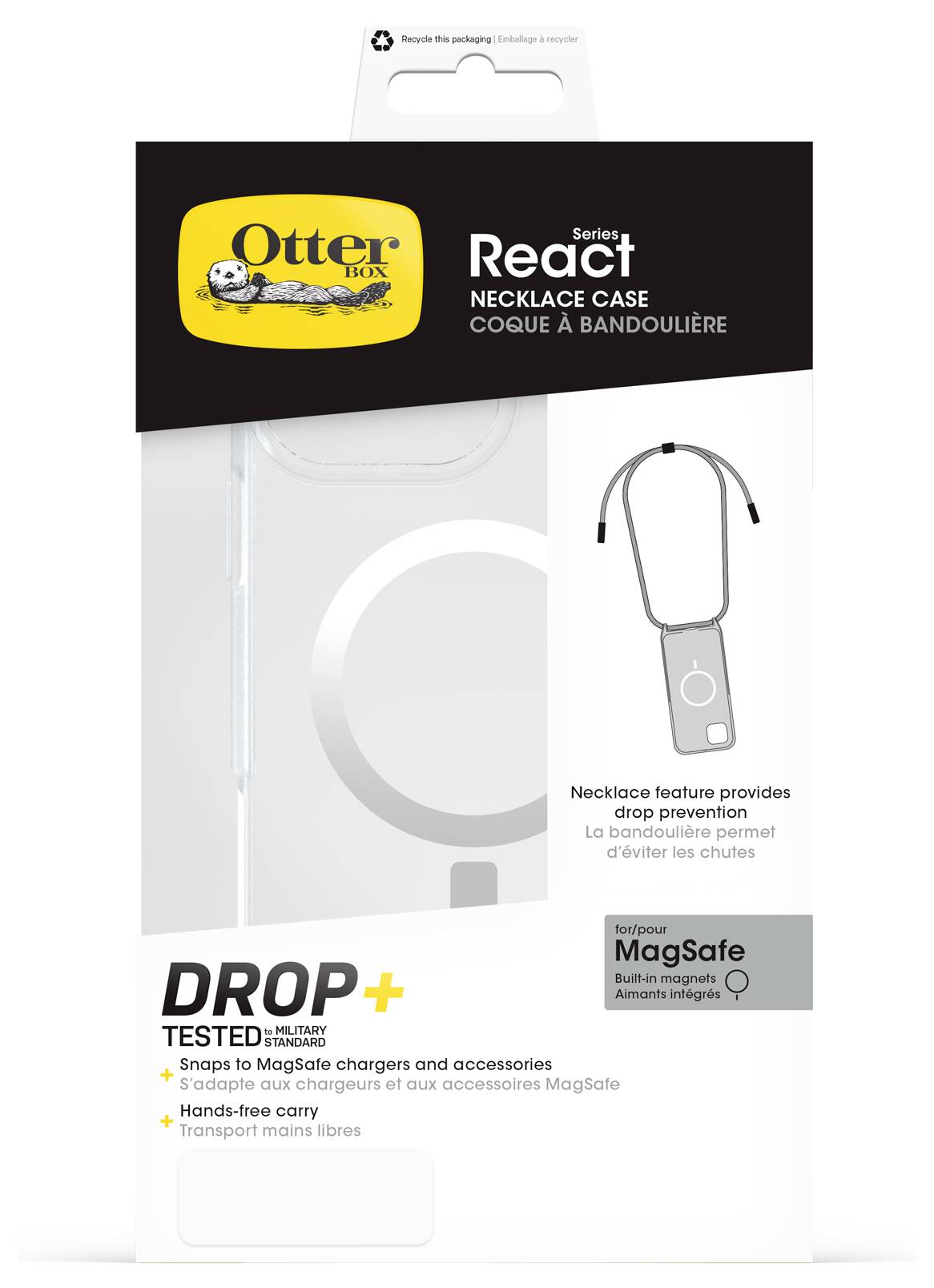 Verpackung für OtterBox MagSafe React Nackengehäuse, das sturztestete Schutzvorrichtung, Nackenriemen und Kompatibilität mit Ladegerät/Zubehör zeigt.