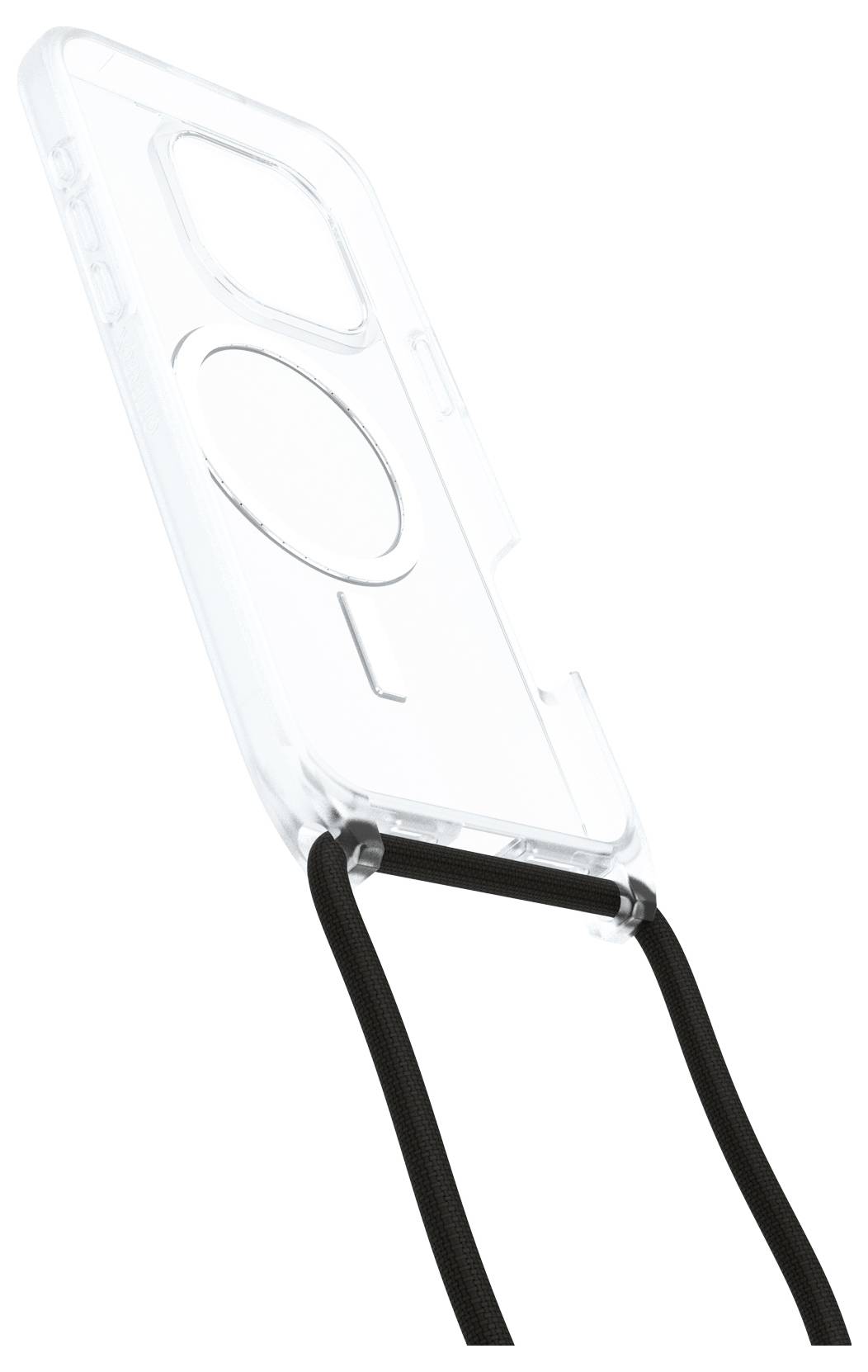 Transparente Handyhülle mit integriertem Riemenhalter, gezeigt auf weißem Hintergrund mit zwei schwarzen Schnüren, die am unteren Ende angebracht sind.