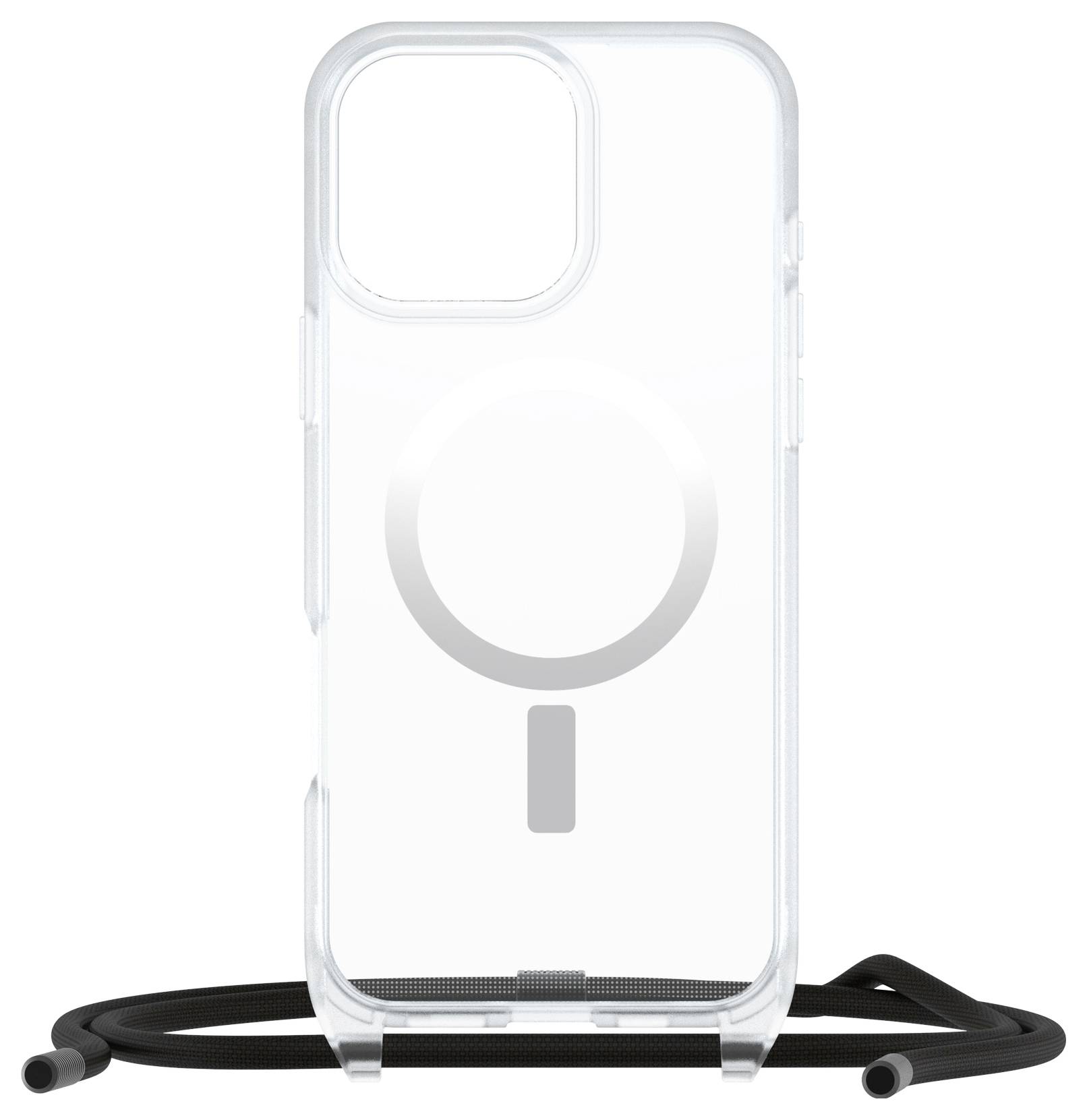 Durchsichtige Smartphone-Hülle mit integriertem MagSafe-ähnlichem Ring und Schlaufenöse am unteren Ende, abgebildet mit angebrachtem schwarzem Umhängeband.
