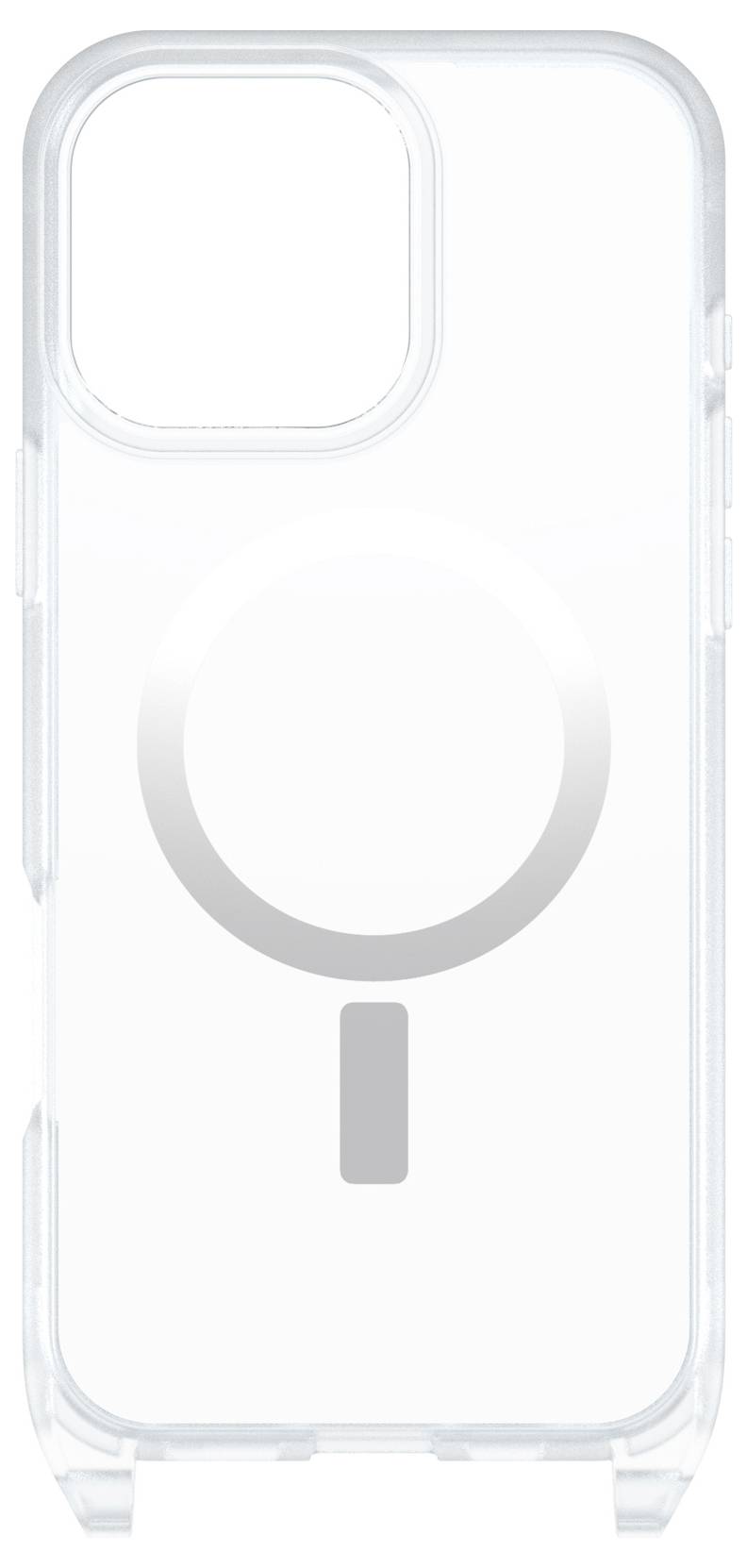 Transparente Handyhülle mit großem abgerundetem quadratischem Kameraausschnitt und zentriertem ringförmigem MagSafe-ähnlichem Design auf der Rückseite.