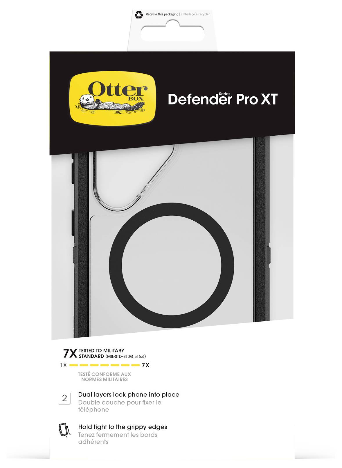 OtterBox Defender Pro XT Telefonkoffer-Verpackung mit durchsichtigem Gehäuse, schwarzem MagSafe-Ring und Hervorberufungen der Funktion "7X getestet nach Militärstandard".