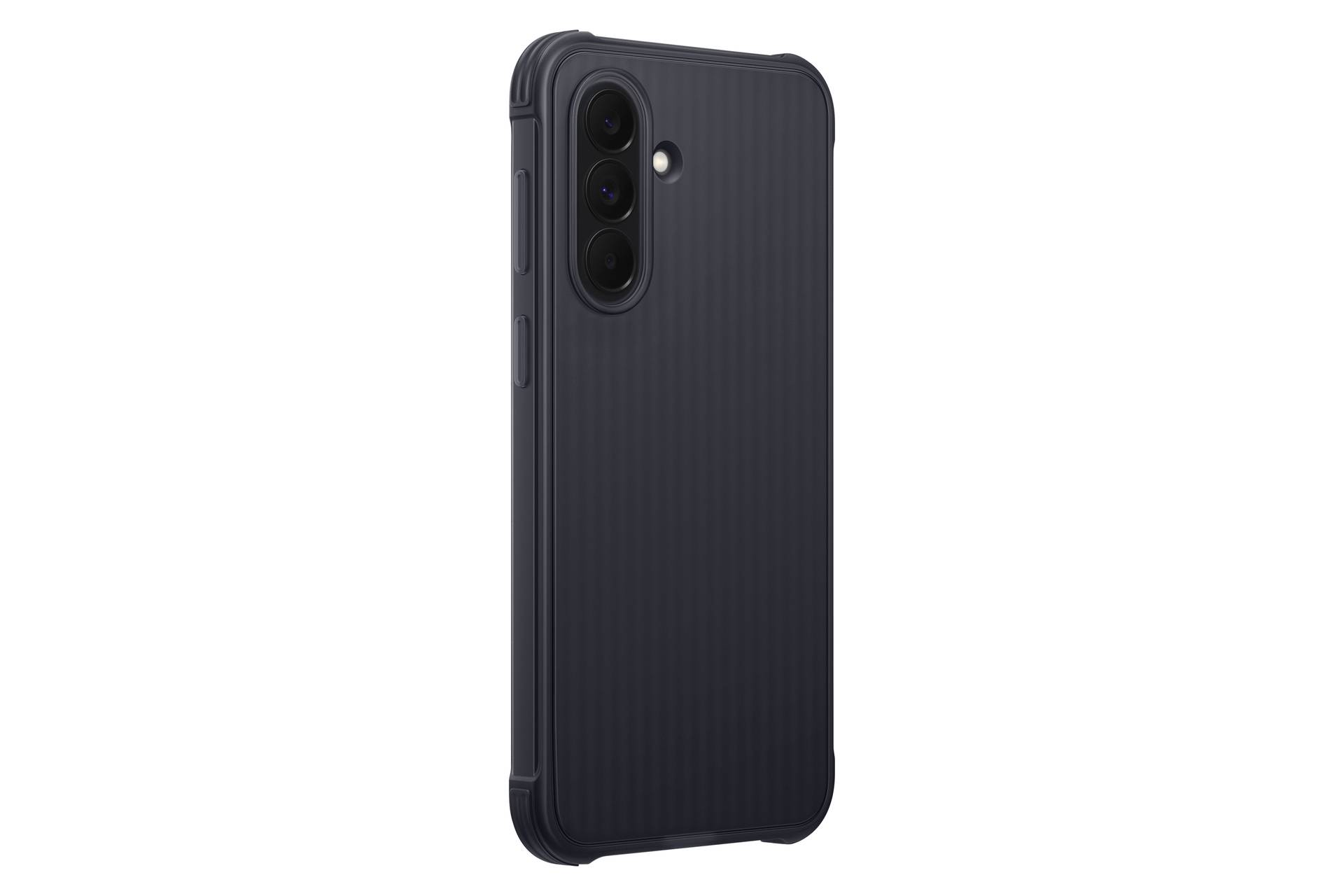 Schwarze gerippte Smartphone-Schutzhülle von hinten gezeigt, mit erhobener Kameraausschnitt und Seitentastenschutzabdeckungen.
