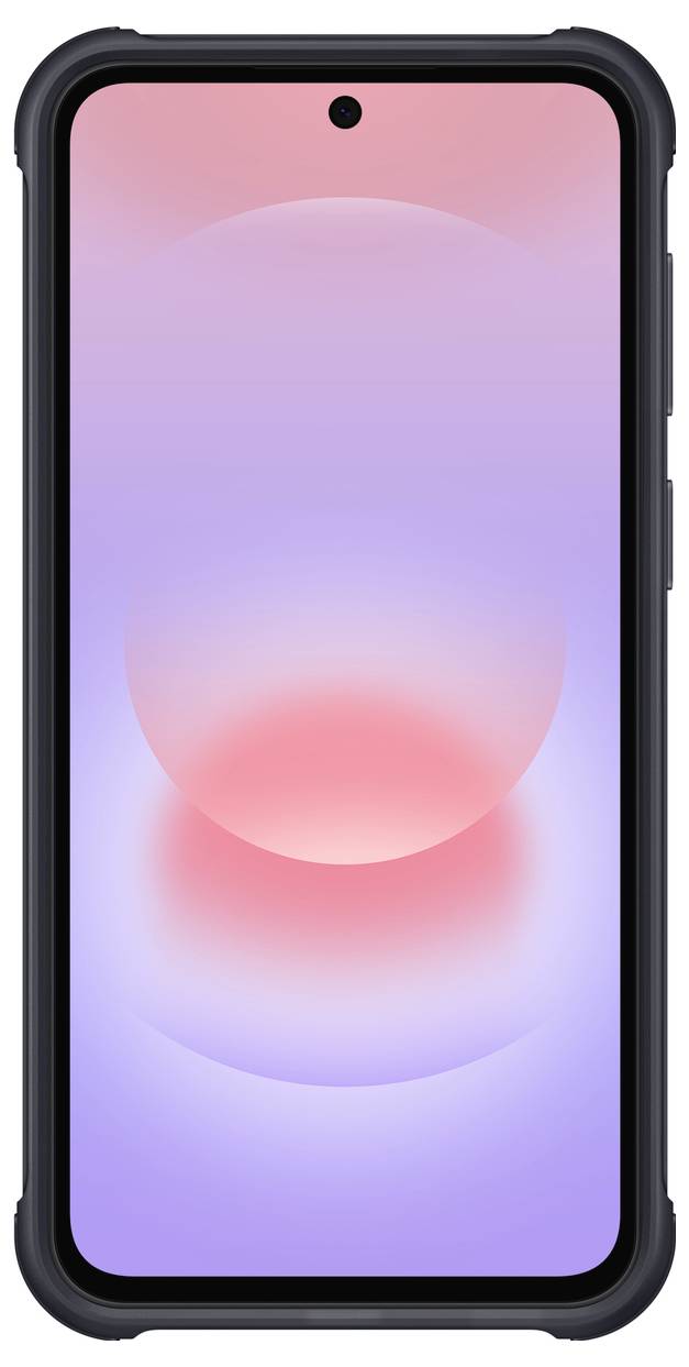 Vorderansicht eines Smartphones in einer schwarzen Schutzhülle mit einer zentrierten Lochkamera und rosa-bis-violettem abstraktem Hintergrund.