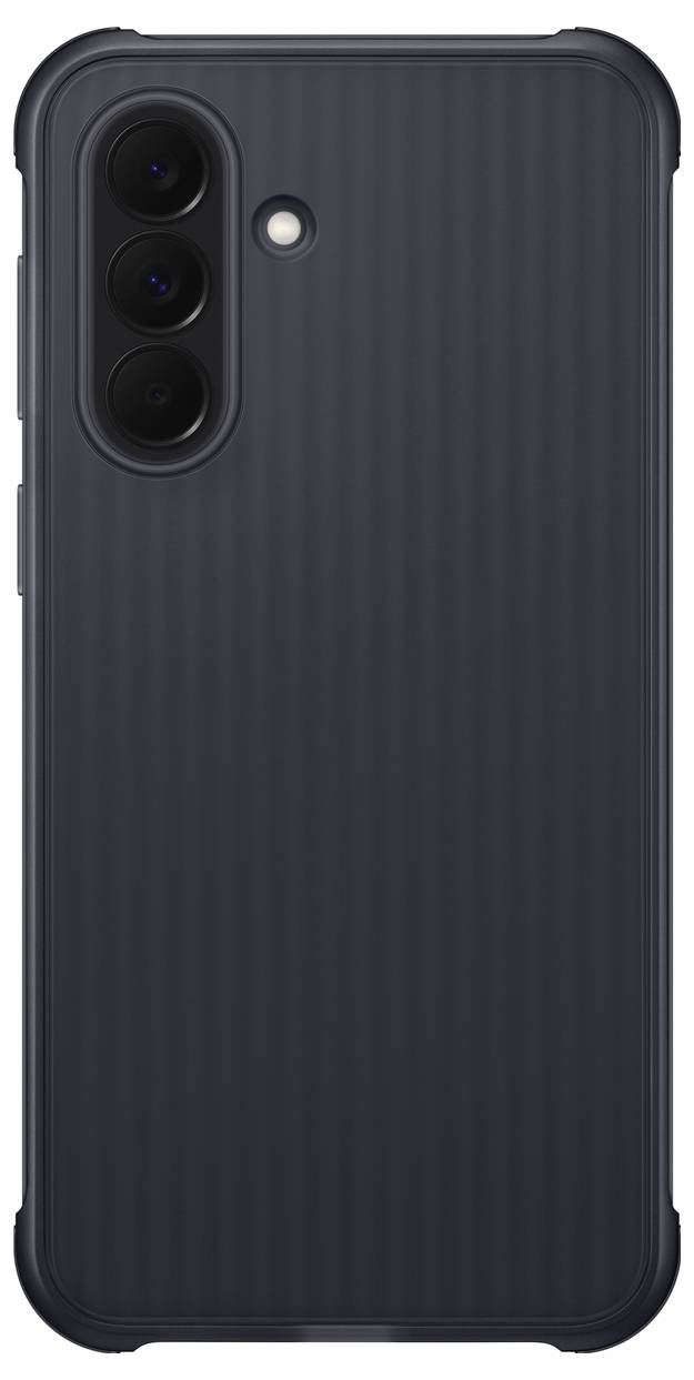 Schwarze Smartphone-Hülle mit vertikaler Rippentextur und dreifachem Kameraausschnitt, auf einfachem Hintergrund dargestellt.