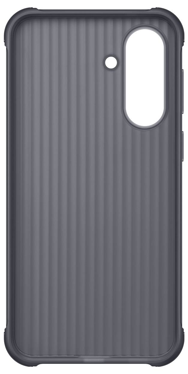 Graue gerippte Smartphone-Hülle mit vertikalem Dual-Kamera-Ausschnitt und einer kleinen Blitzöffnung oben.