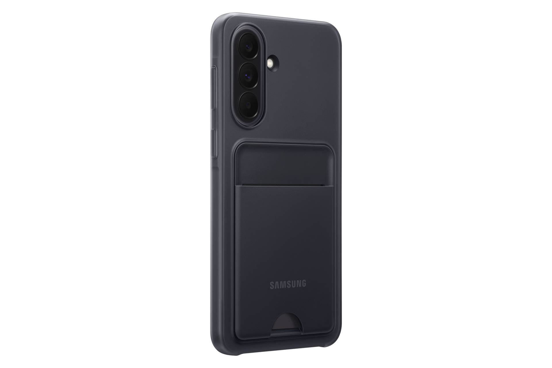 Schwarze Samsung-Handyhülle von hinten gezeigt mit einer rückwärtigen Kartentasche und Kameraausschnitt.