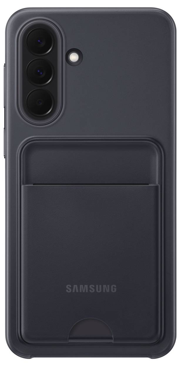 Schwarze Samsung-Handyhülle mit integriertem Kartenhalter auf der Rückseite und dreifachem Kameraausschnitt, von hinten gezeigt.
