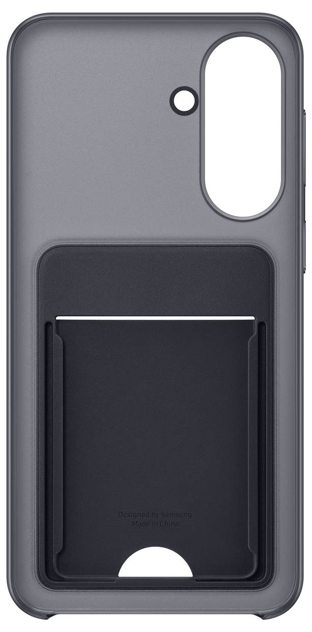 Graue Smartphone-Hülle mit rückseitigem Kartenhalter und vertikalem Kameraausschnitt oben rechts.
