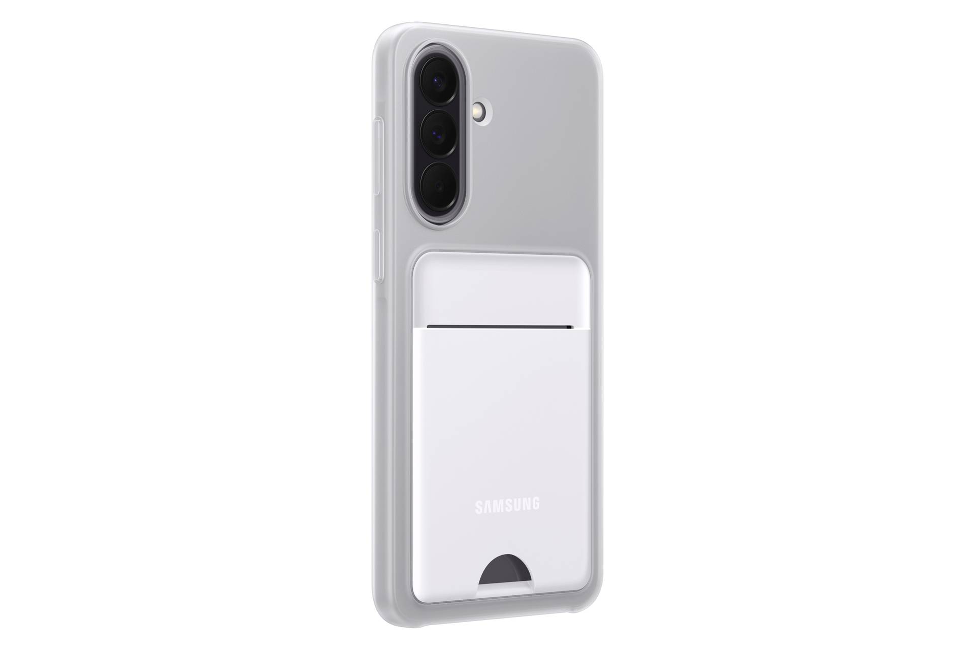 Silbernes Samsung-Telefon mit integriertem Kartenfach an der Rückseite, von hinten auf weißem Hintergrund gezeigt.