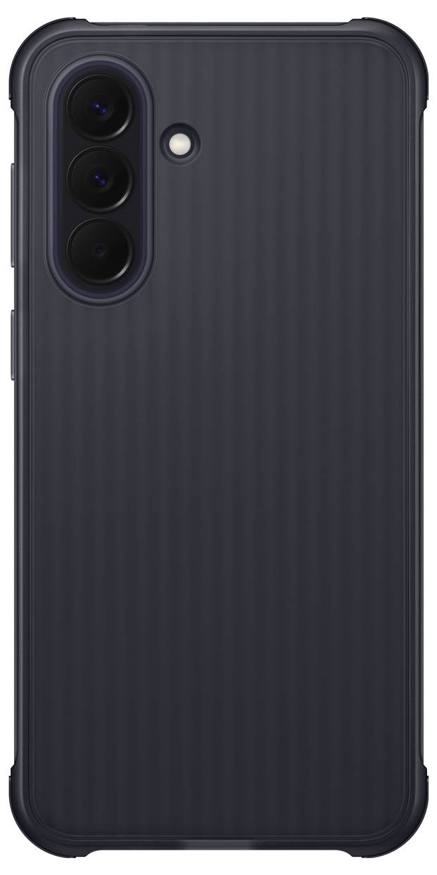 Schwarze Smartphone-Hülle mit gerippter Textur und erhöhten Kanten, von hinten gezeigt mit vertikalem Dreifach-Kamera-Ausschnitt und Blitzöffnung.