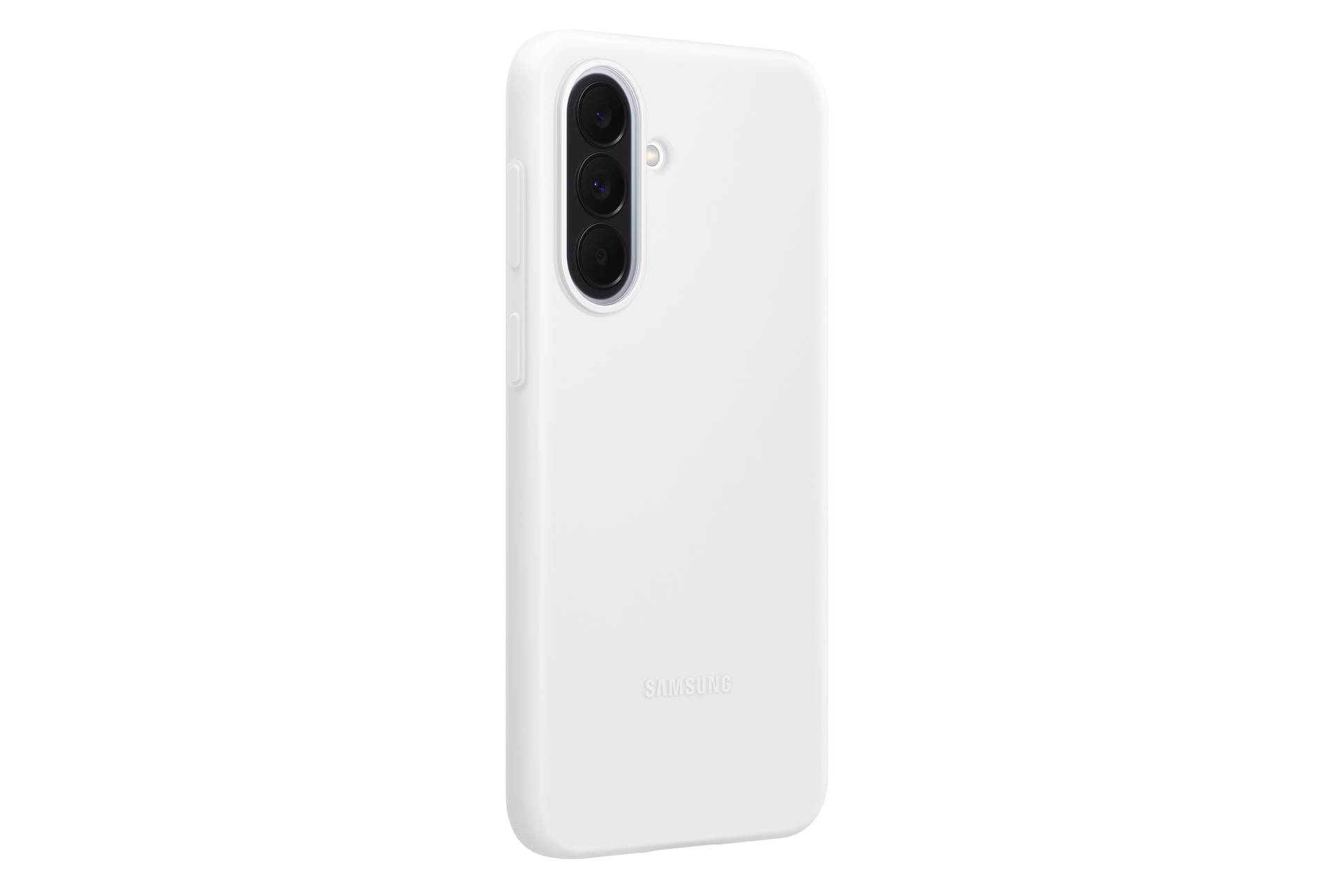 Weißes Samsung-Smartphone von hinten gezeigt, mit einer vertikalen Triple-Lens-Rückkamera und Blitz auf einfachem Hintergrund.