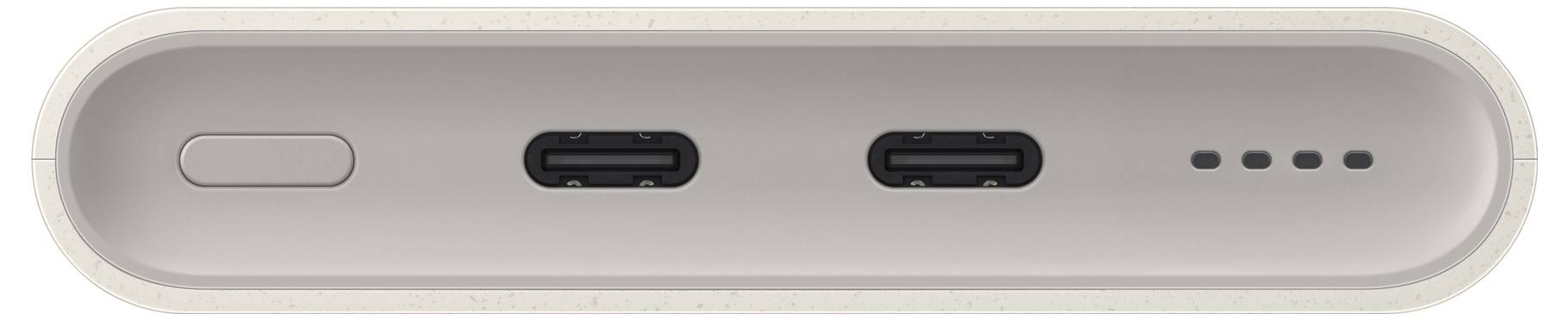 Weiße Powerbank mit einem ovalen Knopf an einem Ende, zwei USB-C-Anschlüssen und vier LED-Anzeigleuchten.