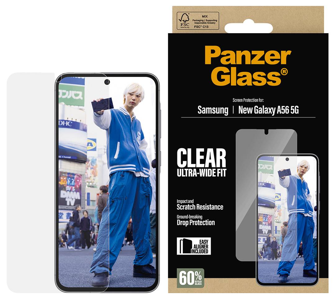PanzerGlass Displayschutzfolie für Samsung Galaxy A56 5G, gekennzeichnet als klares Ultra-Weitwinkel-Format mit Stoß- und Kratzschutz und einfach zu bedienendem Applikator im Lieferumfang enthalten.